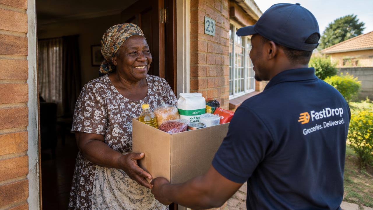 Grandmother receiving a box of groceries from a delivery rider at her door